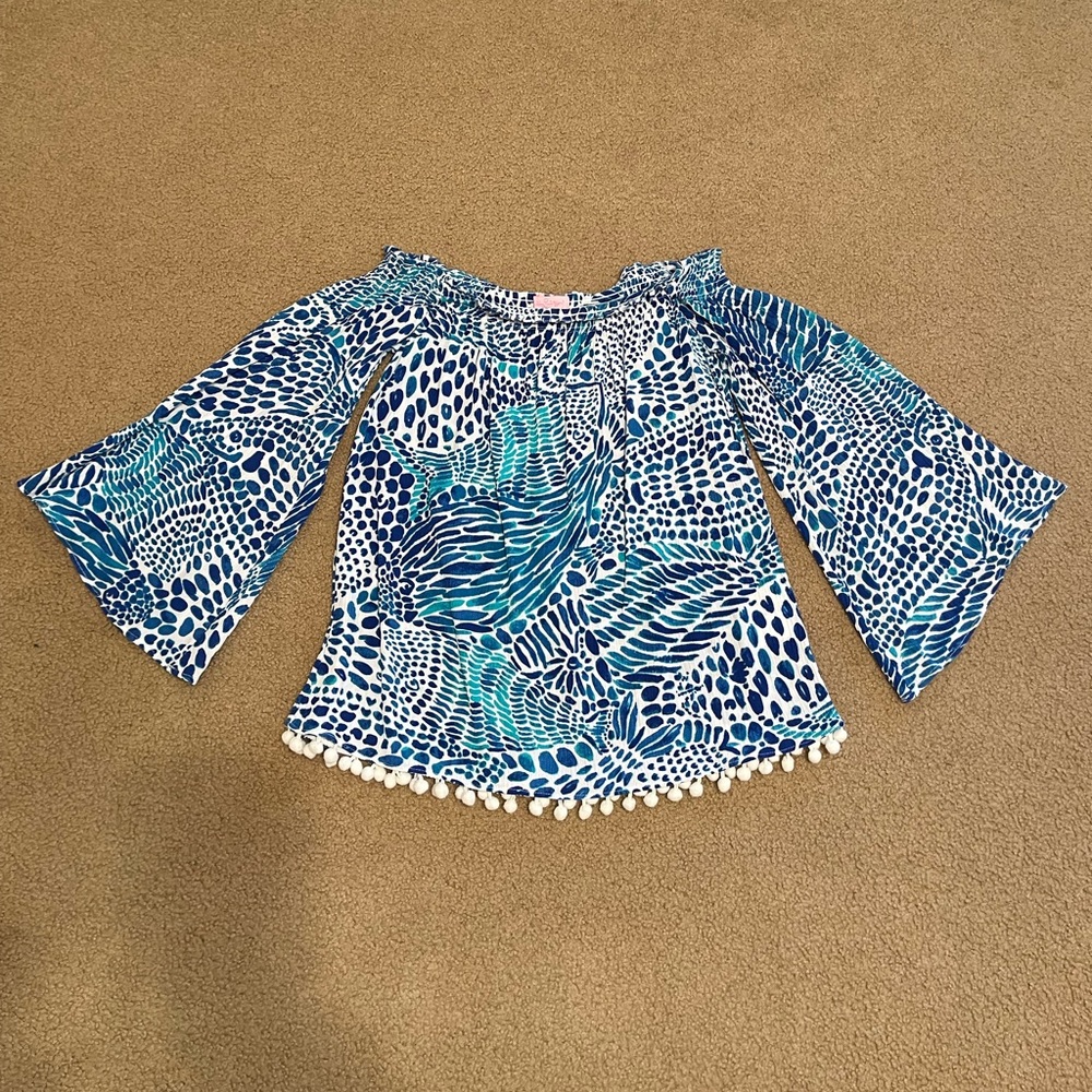 Lilly Pulitzer Blue and White Off-Shoulder Blouse